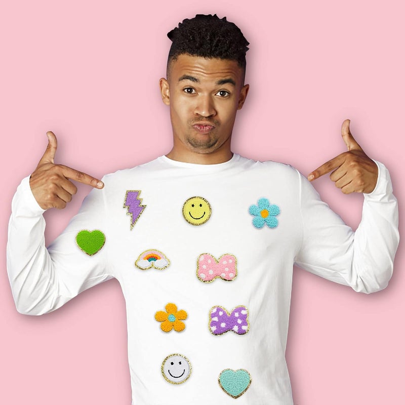 Rismise 30 PCS Rismise Iron on Patches Colorful Iron on Patch Chenille Patches Glitter Embroidered Appliques Heart Flower Lightning Rainbow Bow Smiley Face Patch for Clothing Jackets Jeans DIY Decorations  - Image 3