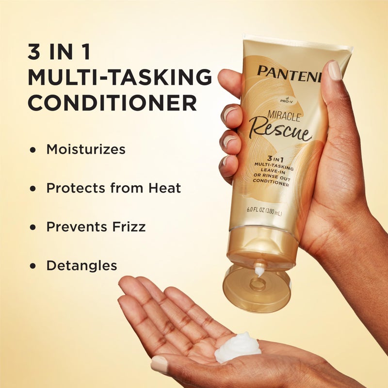 Pantene Miracle Rescue 3 in 1 Leave In Conditioner, Rinse off Conditioner, Heat Protectant for Hair, Detangler, Anti Frizz, Moisturizing, For All Hair Types, Safe for Color Treated Hair, 6.0 fl oz - Image 2