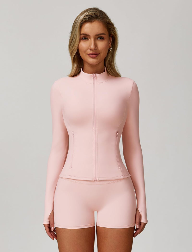 ABOCIW 3 Piece Workout Sets for Women Zipper Long Sleeve Jacket with Thumb Holes V Neck Y Back Sports Bra High Waist Shorts Gym Sets Yoga Pilates Outfits Athletic Set Pink Small - Image 2