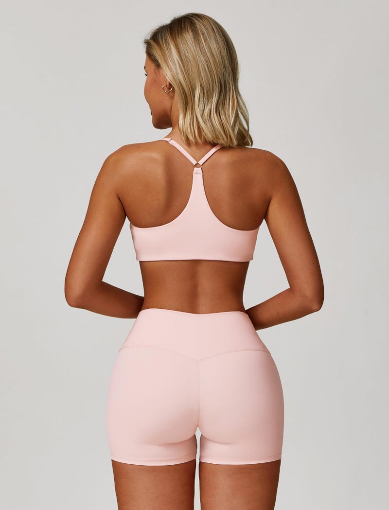 ABOCIW 3 Piece Workout Sets for Women Zipper Long Sleeve Jacket with Thumb Holes V Neck Y Back Sports Bra High Waist Shorts Gym Sets Yoga Pilates Outfits Athletic Set Pink Small - Image 5