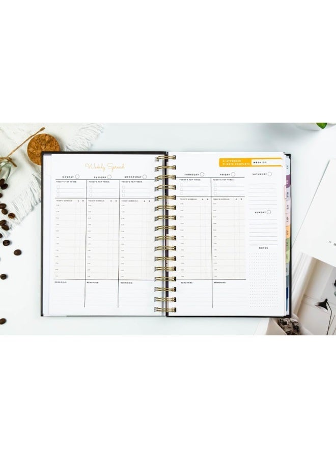 Premify دفتر تخطيط شهري مع علامات، دفتر أكاديمي مقاس A5 بغلاف صلب، أسبوعي ويومي وسنوي، جدول زمني ساعي، منظم مواعيد مرن بدفتر حلزوني للوقت (100 جرام أسود) - Image 2