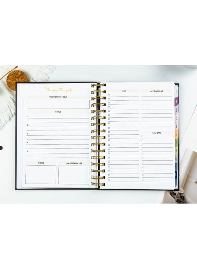 Premify دفتر تخطيط شهري مع علامات، دفتر أكاديمي مقاس A5 بغلاف صلب، أسبوعي ويومي وسنوي، جدول زمني ساعي، منظم مواعيد مرن بدفتر حلزوني للوقت (100 جرام أسود) - Image 3