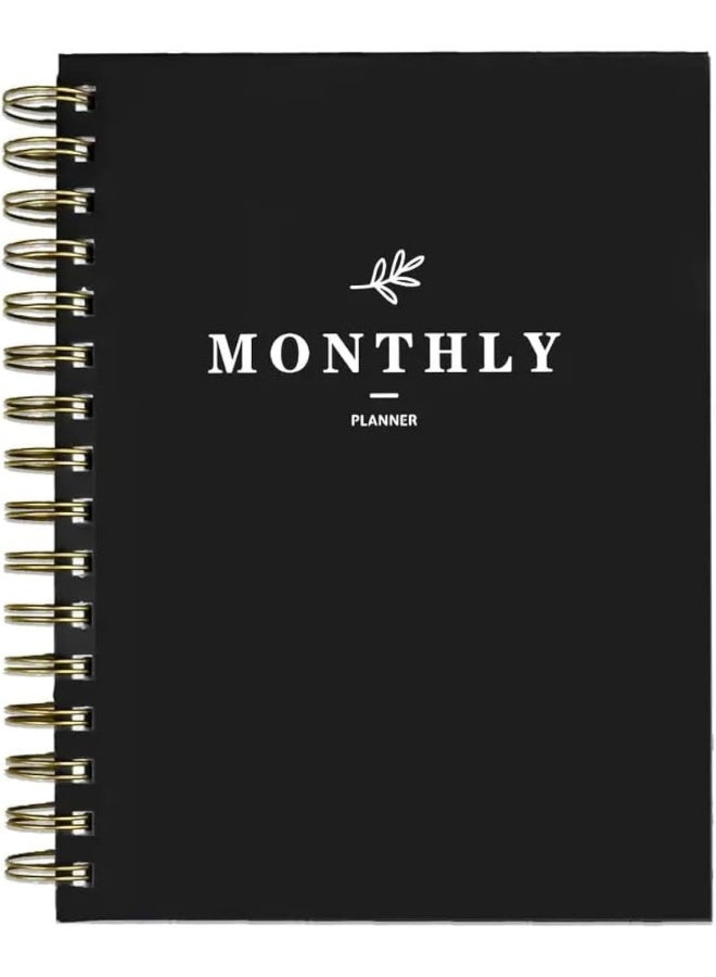 Premify دفتر تخطيط شهري مع علامات، دفتر أكاديمي مقاس A5 بغلاف صلب، أسبوعي ويومي وسنوي، جدول زمني ساعي، منظم مواعيد مرن بدفتر حلزوني للوقت (100 جرام أسود) - Image 1