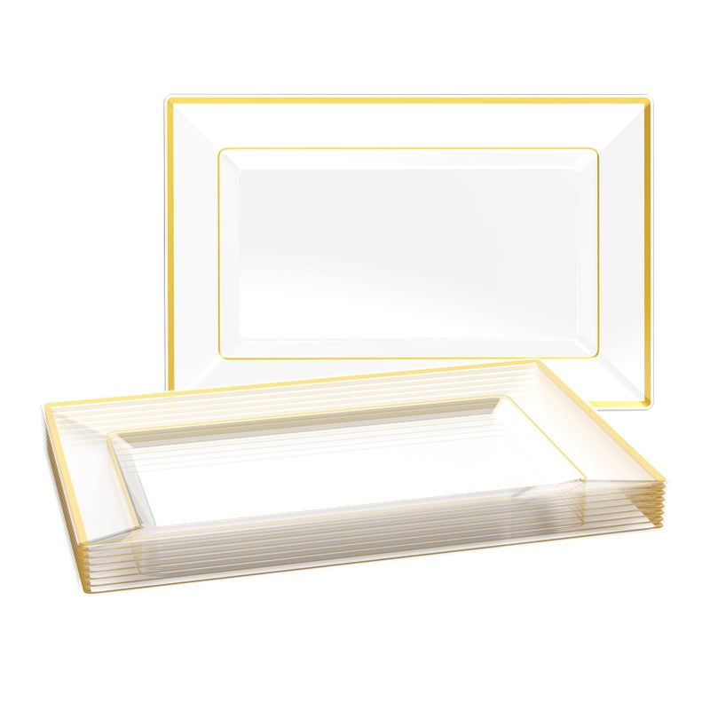 FOCUSLINE 8 PCS Plastic Serving Trays for Party Clear and Gold Rim Serving Platters and Trays Premium Plastic Fruit Tray Disposable Platters for Cupcake Dessert Appetizers