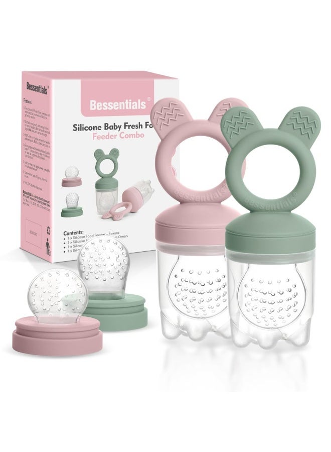 Bessentials Baby Fresh Fruit Food Feeder - 2 Pack Silicone Baby Mesh Feeders for Infant Safe Self Feeding |3 Sizes Food Pouches Included| Suitable for Baby 4m+ (Light Pink & Grass Green)