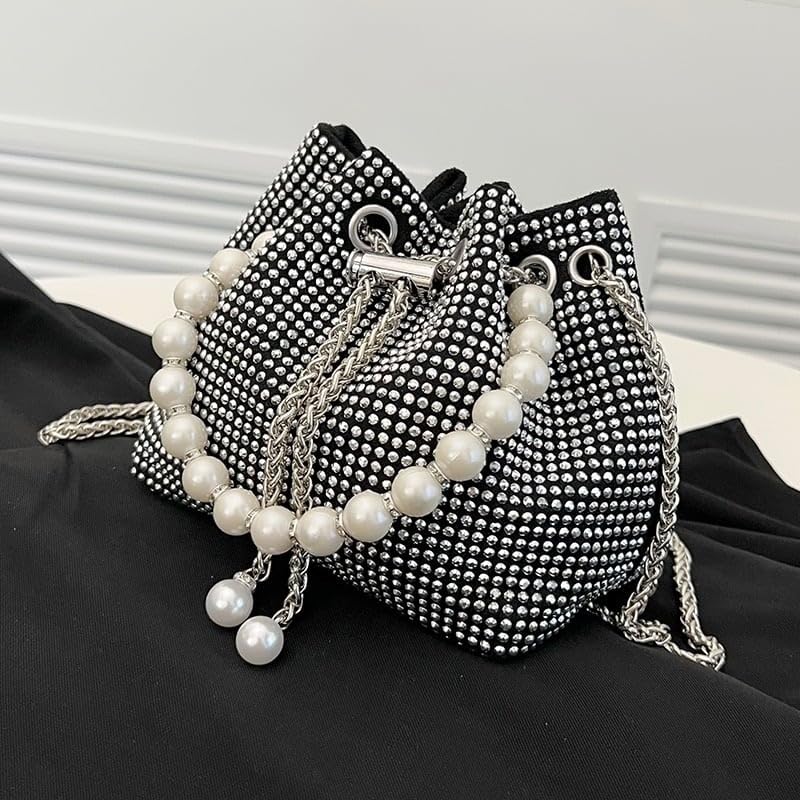 DOSYSO Rhinestone Bucket Bag Mini Evening Pearl Handle Handbags Clutch For Women Drawstring Crossbody Sling Bags with Chain Strap Stylish Potli Bags Ladies Purse for Party Wedding Bling Bags - Image 3