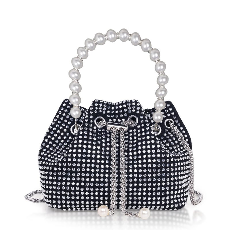DOSYSO Rhinestone Bucket Bag Mini Evening Pearl Handle Handbags Clutch For Women Drawstring Crossbody Sling Bags with Chain Strap Stylish Potli Bags Ladies Purse for Party Wedding Bling Bags - Image 1