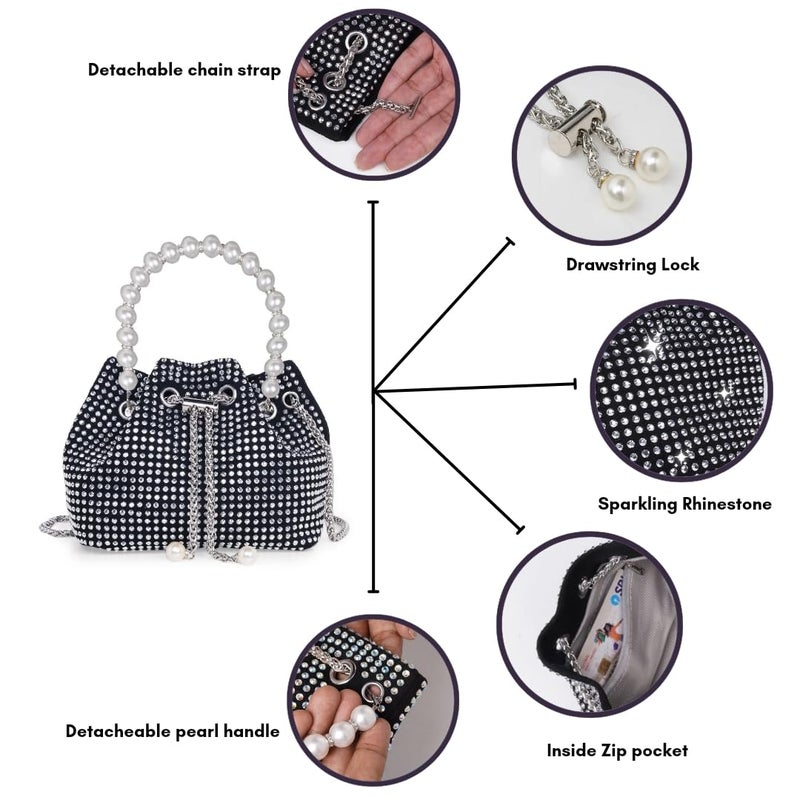 DOSYSO Rhinestone Bucket Bag Mini Evening Pearl Handle Handbags Clutch For Women Drawstring Crossbody Sling Bags with Chain Strap Stylish Potli Bags Ladies Purse for Party Wedding Bling Bags - Image 4