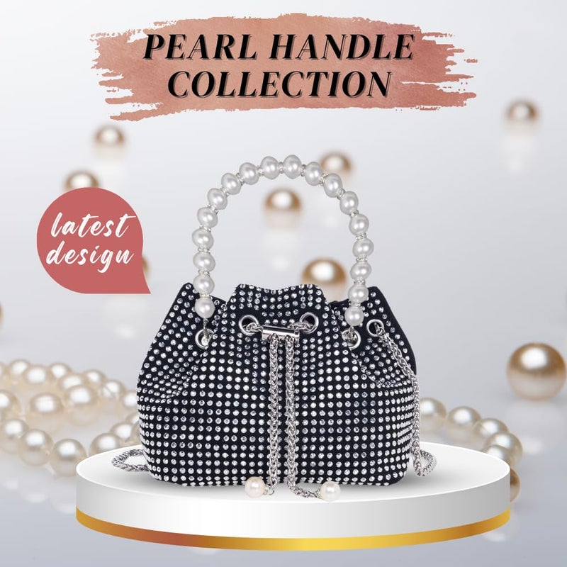 DOSYSO Rhinestone Bucket Bag Mini Evening Pearl Handle Handbags Clutch For Women Drawstring Crossbody Sling Bags with Chain Strap Stylish Potli Bags Ladies Purse for Party Wedding Bling Bags - Image 2