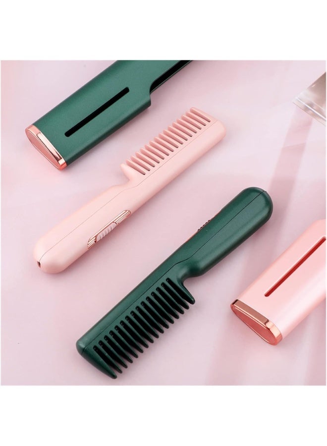 Hair Straightener, Professional Electric Heat Comb Ceramic for Hair Styling, USB rechargeable Fast Heating Hair Straightening Comb, for All Hair Types, Mini Portable Heated Comb (Green)