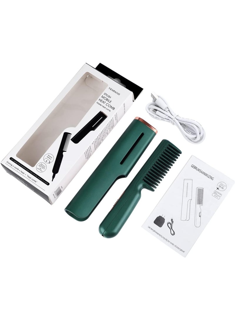 Hair Straightener, Professional Electric Heat Comb Ceramic for Hair Styling, USB rechargeable Fast Heating Hair Straightening Comb, for All Hair Types, Mini Portable Heated Comb (Green)