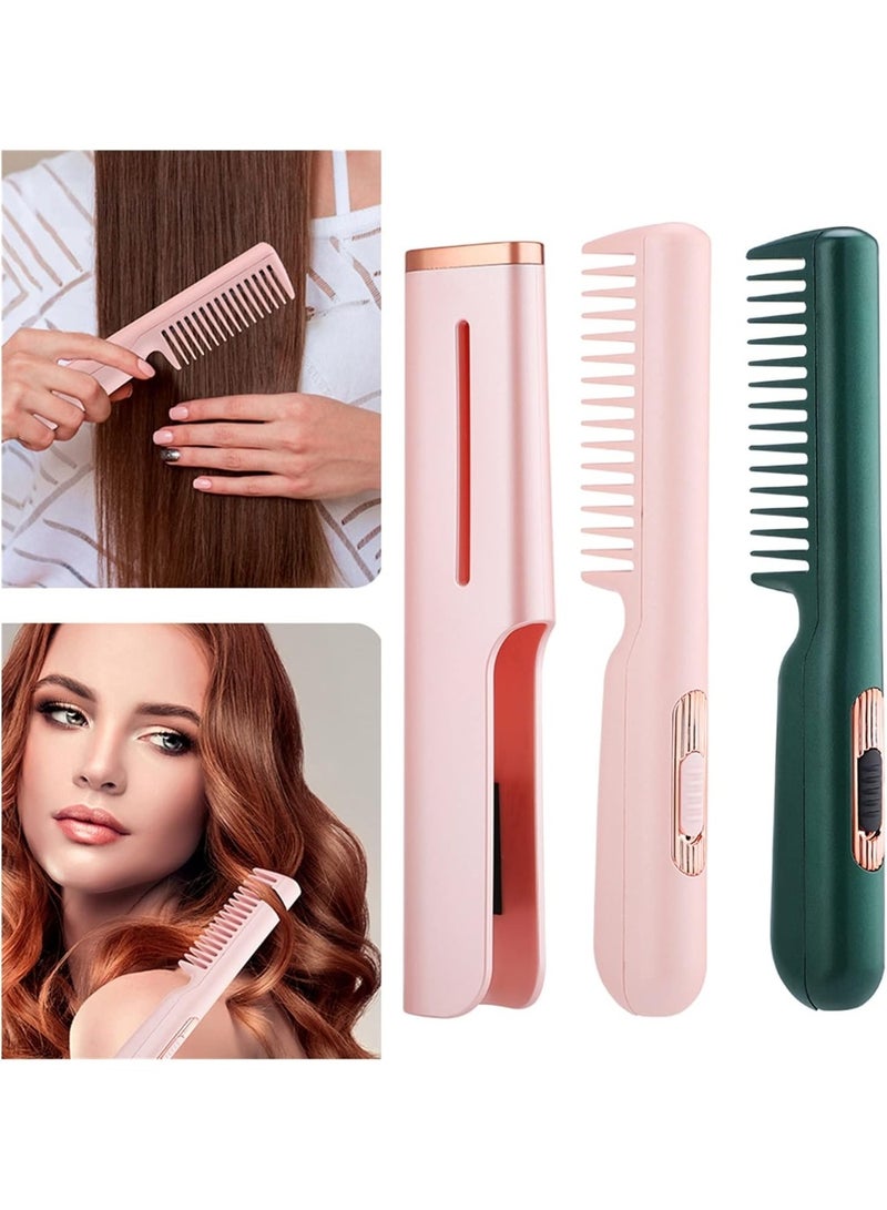 Hair Straightener, Professional Electric Heat Comb Ceramic for Hair Styling, USB rechargeable Fast Heating Hair Straightening Comb, for All Hair Types, Mini Portable Heated Comb (Green)