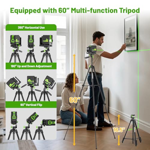 Huepar Laser Level with 60in Tripod, 1/13 High Accuracy Self Leveling Green Cross Line Lazer Leveler for Picture Hanging, Tile, Home Renovation, with Pluse Mode for Outdoor, Carry Case, Glasses - Image 3