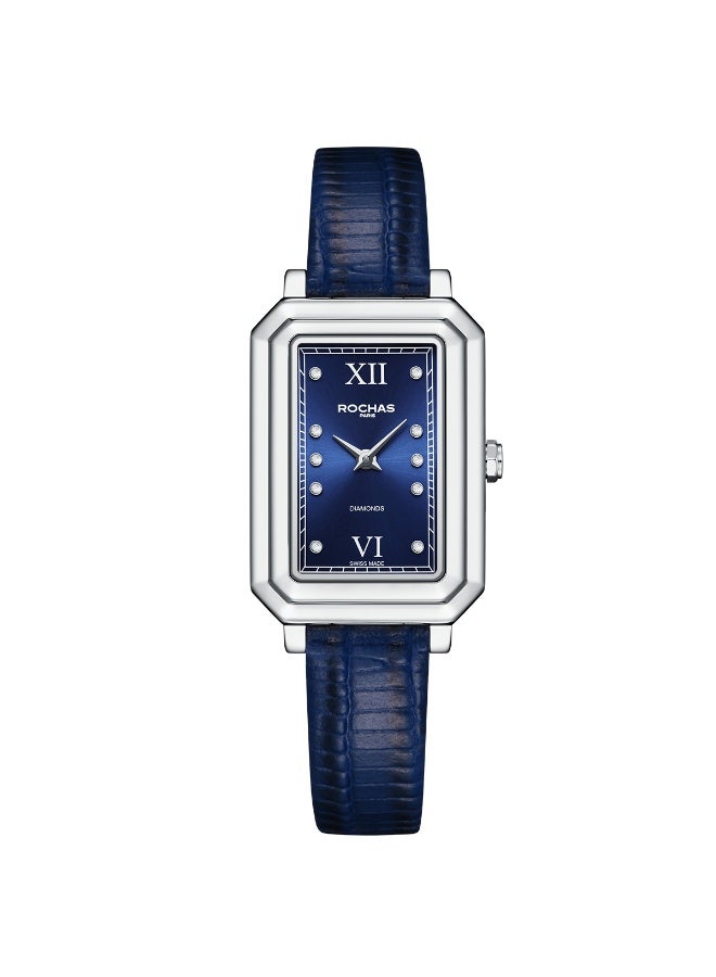 Rochas Ladies 22x32 mm Swiss Watch with Blue Dial and Dark Blue Genuine Leather Strap + 8 pcs 1.0mm Diamonds on Dial - RWF228B