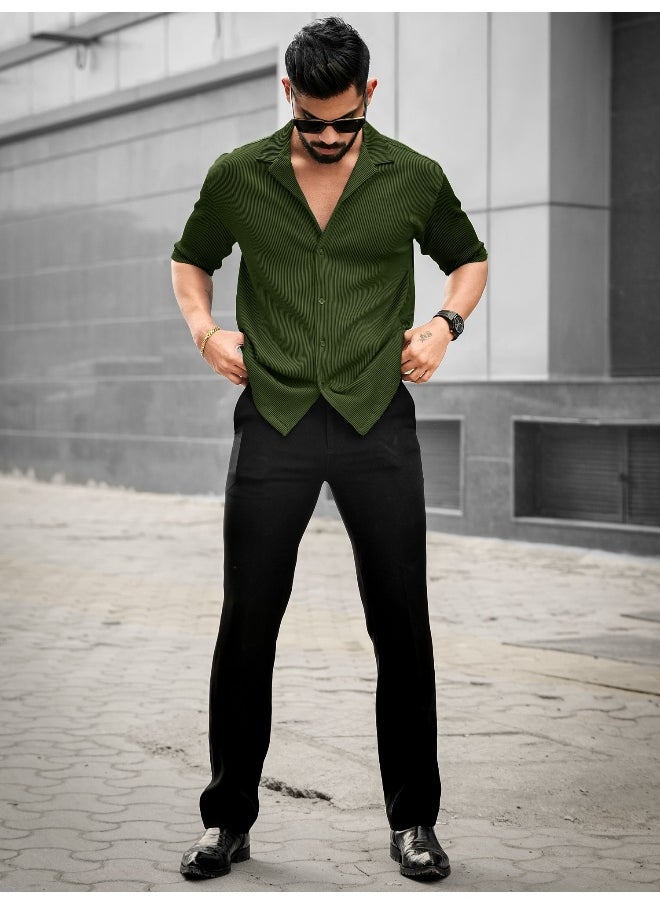 Maniac Mens Stripe Textured Collared Neck 3/4th Sleeve Olive Polyester Shirt  - Image 5