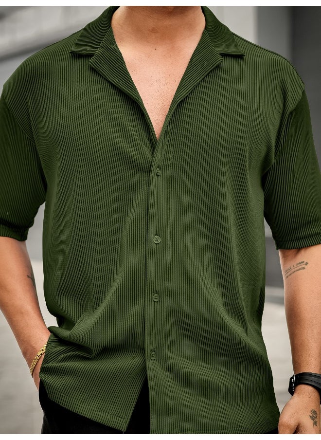 Maniac Mens Stripe Textured Collared Neck 3/4th Sleeve Olive Polyester Shirt  - Image 4
