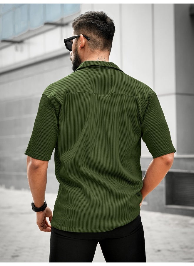 Maniac Mens Stripe Textured Collared Neck 3/4th Sleeve Olive Polyester Shirt  - Image 3