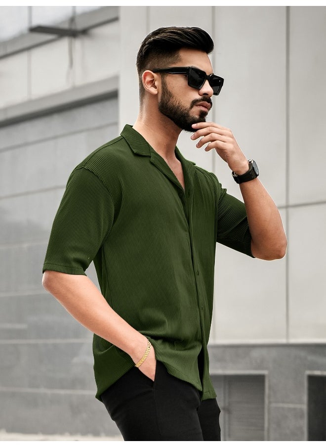 Maniac Mens Stripe Textured Collared Neck 3/4th Sleeve Olive Polyester Shirt  - Image 2