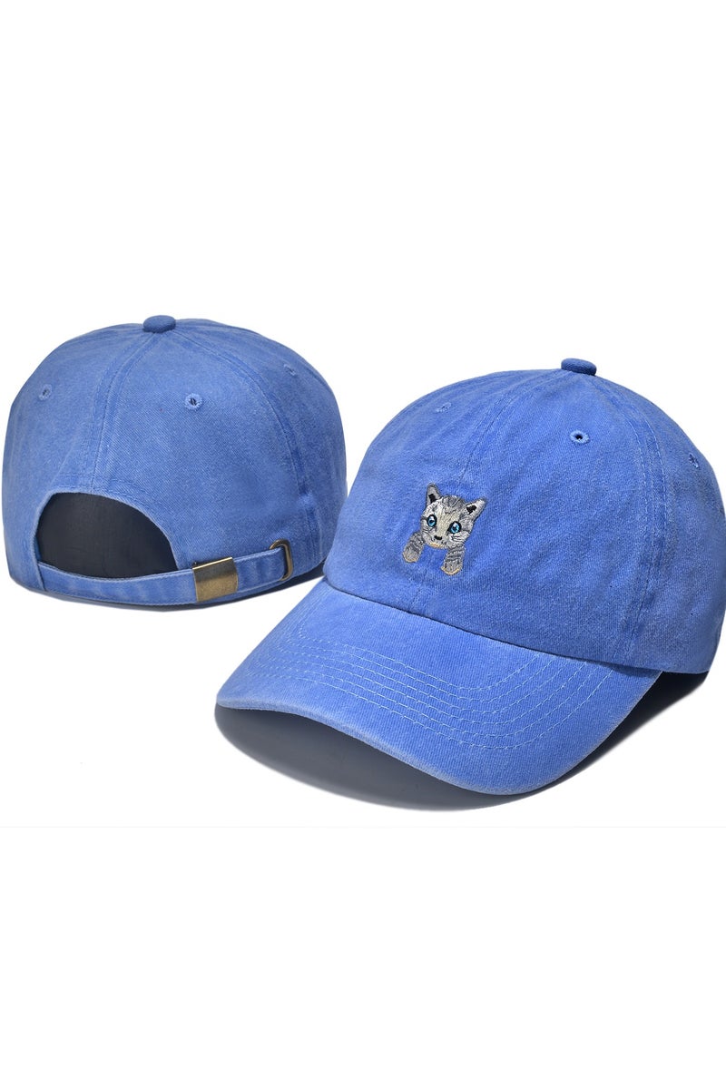 USA Vintage Blue Baseball Cap with Kitten Embroidery