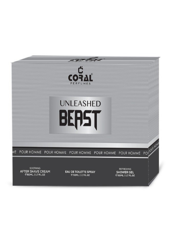 Coral UNLEASED BEAST Pour Homme, Gift Set for Men - Perfume EDT 50ml + Shower Gel 50ml + After Shave Cream 50ml - Image 3
