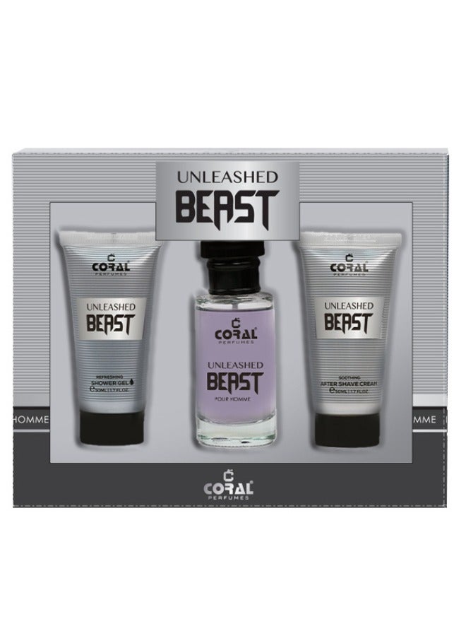 Coral UNLEASED BEAST Pour Homme, Gift Set for Men - Perfume EDT 50ml + Shower Gel 50ml + After Shave Cream 50ml - Image 1