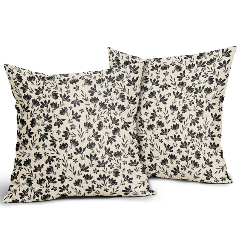 Aytipun Black Floral Pillow Covers 18x18 Set of 2 Vintage Rustic Old Style Cute Small FlowerBlack Cream Print Decorative Outdoor Pillowcases Farmhouse Throw Cushion Case Decor for Couch Sofa Bed - Image 2