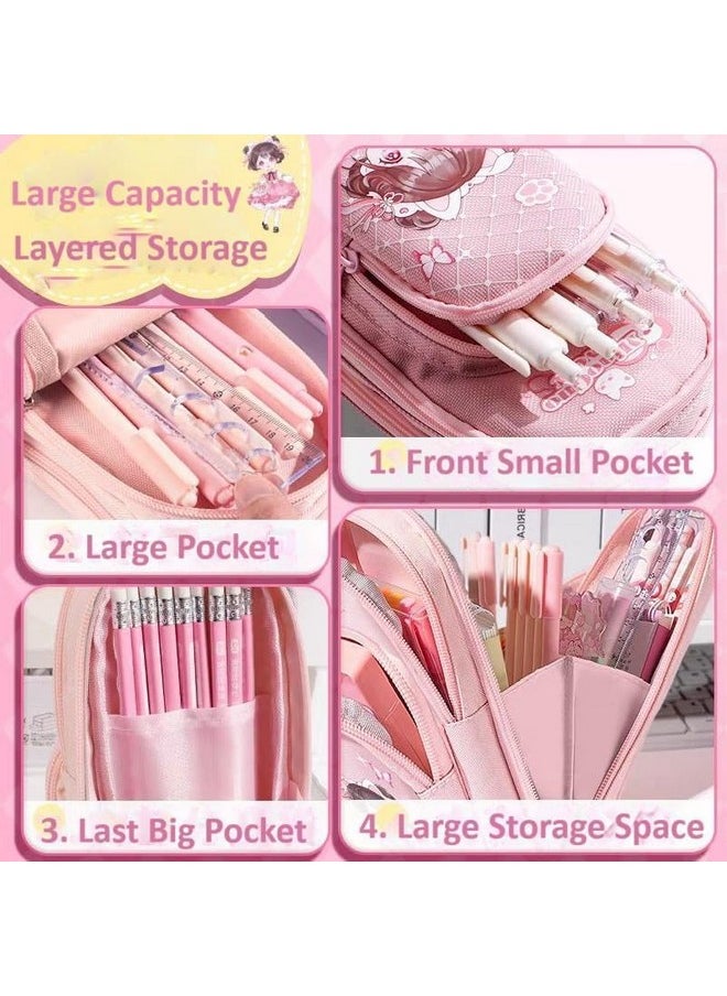 WireScorts - WireScorts Premium Pencil Case 6 Layer with 3 Compartment Cute Aesthetic Pencil Case for Girls Large Capacity Pencil Pouch Multifunctional Pouch for School Kids Cute Stationary Gift - Pink - Image 1