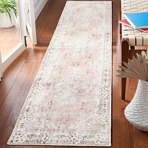 MUJOO Hallway Runner Rug 2'x8' Pink Long Rug Runners Boho Machine Washable Non Slip Carpet for Entryway Kitchen Bathroom Bedside Retro Soft Low-Pile Blossom - Image 1