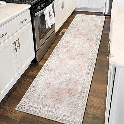 MUJOO Hallway Runner Rug 2'x8' Pink Long Rug Runners Boho Machine Washable Non Slip Carpet for Entryway Kitchen Bathroom Bedside Retro Soft Low-Pile Blossom - Image 2