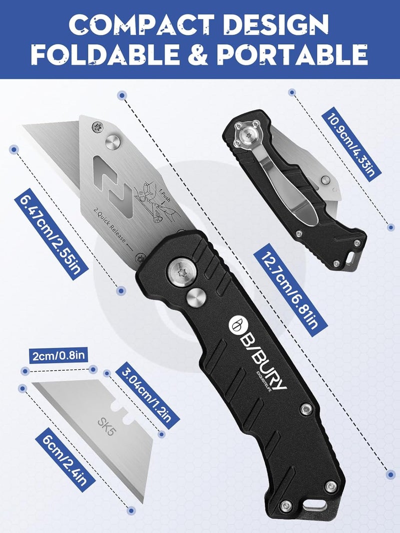 BIBURY Utility Knife, Upgraded Version Heavy Duty Box Cutter, Pocket Carpet knife with 10 Replaceable SK5 Stainless Steel Blades, Belt Clip, Easy Release Button, Quick Change and Safety Lock - Image 4