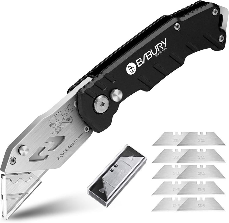 BIBURY Utility Knife, Upgraded Version Heavy Duty Box Cutter, Pocket Carpet knife with 10 Replaceable SK5 Stainless Steel Blades, Belt Clip, Easy Release Button, Quick Change and Safety Lock - Image 1