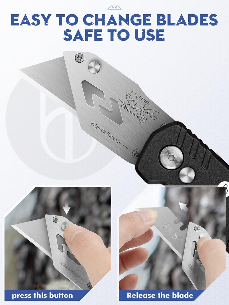 BIBURY Utility Knife, Upgraded Version Heavy Duty Box Cutter, Pocket Carpet knife with 10 Replaceable SK5 Stainless Steel Blades, Belt Clip, Easy Release Button, Quick Change and Safety Lock - Image 3