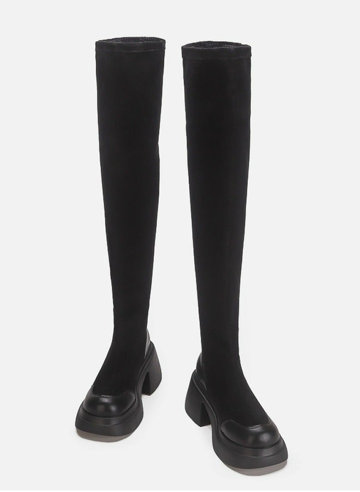 Loquat Womens Platform Thick Soled Round Toe Knee High Chunky Heel Boots Long Suede Boots Black  - Image 1