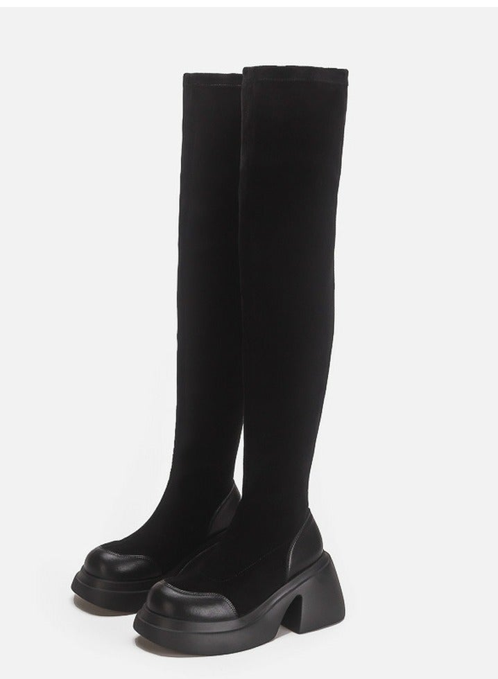 Loquat Womens Platform Thick Soled Round Toe Knee High Chunky Heel Boots Long Suede Boots Black  - Image 3