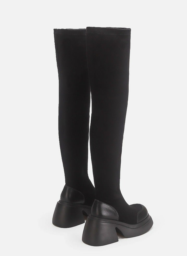 Loquat Womens Platform Thick Soled Round Toe Knee High Chunky Heel Boots Long Suede Boots Black  - Image 4