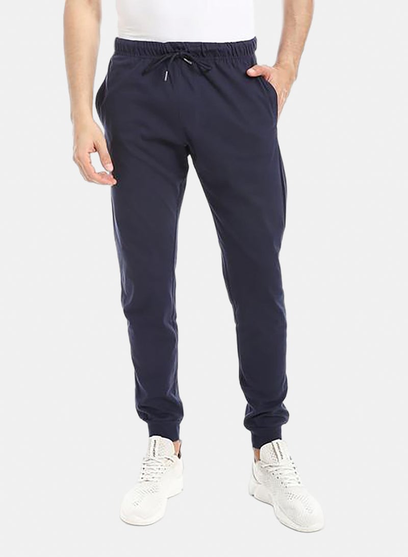 Navy Blue Elastic Waist Plain Sweatpants - Image 1