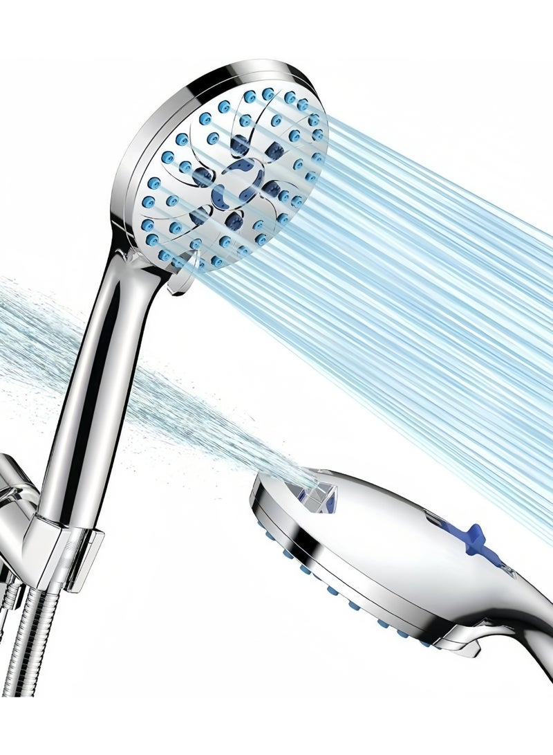 رأس دش محمول باليد عالي الضغط بـ 7 أوضاع مع فوهات مقاومة للانسداد، خرطوم من الفولاذ المقاوم للصدأ بطول 59 بوصة وحامل قابل للتعديل، إعدادات غسيل قوي ورش متعدد - Image 1