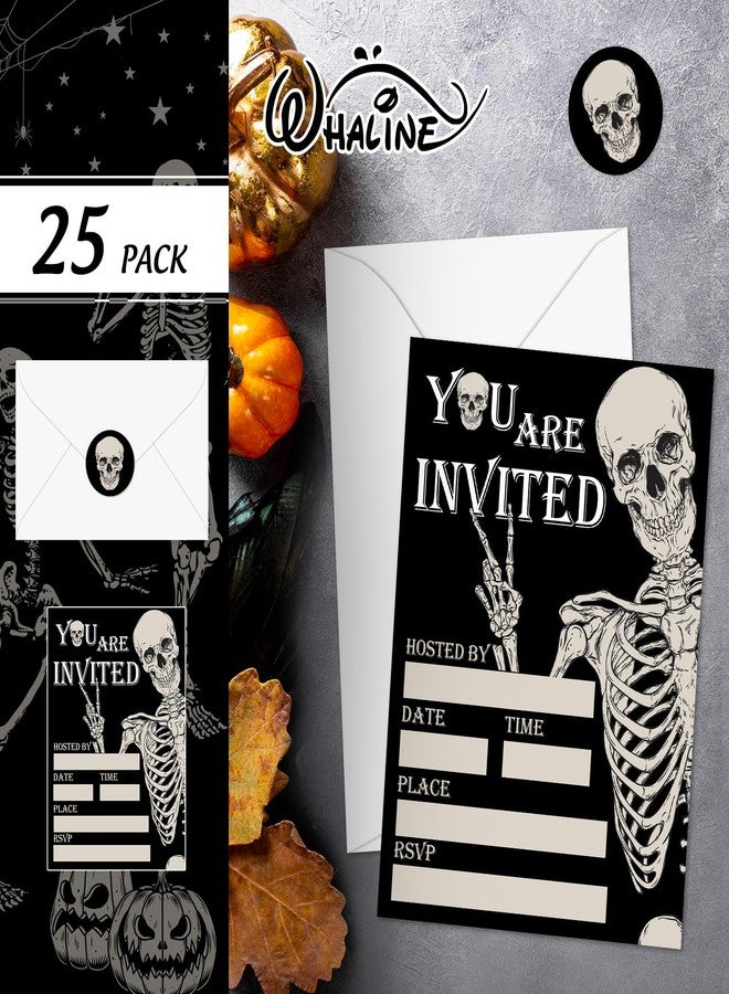 وولاين مجموعة دعوات هالوين من والين، 25 مجموعة مع أظرف وملصقات، بطاقات دعوة هيكل عظمي أسود راقص، دعوات فارغة لمستلزمات حفلات أعياد الميلاد، 5 × 7 بوصة - Image 3