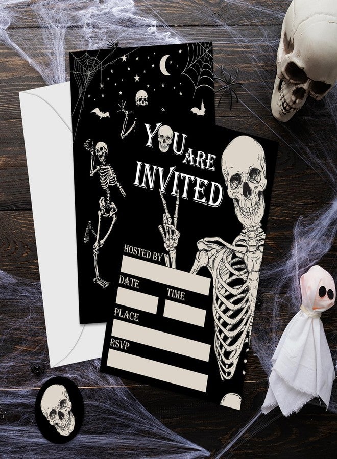 وولاين مجموعة دعوات هالوين من والين، 25 مجموعة مع أظرف وملصقات، بطاقات دعوة هيكل عظمي أسود راقص، دعوات فارغة لمستلزمات حفلات أعياد الميلاد، 5 × 7 بوصة - Image 5