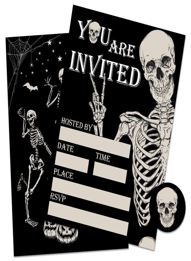 وولاين مجموعة دعوات هالوين من والين، 25 مجموعة مع أظرف وملصقات، بطاقات دعوة هيكل عظمي أسود راقص، دعوات فارغة لمستلزمات حفلات أعياد الميلاد، 5 × 7 بوصة - Image 1
