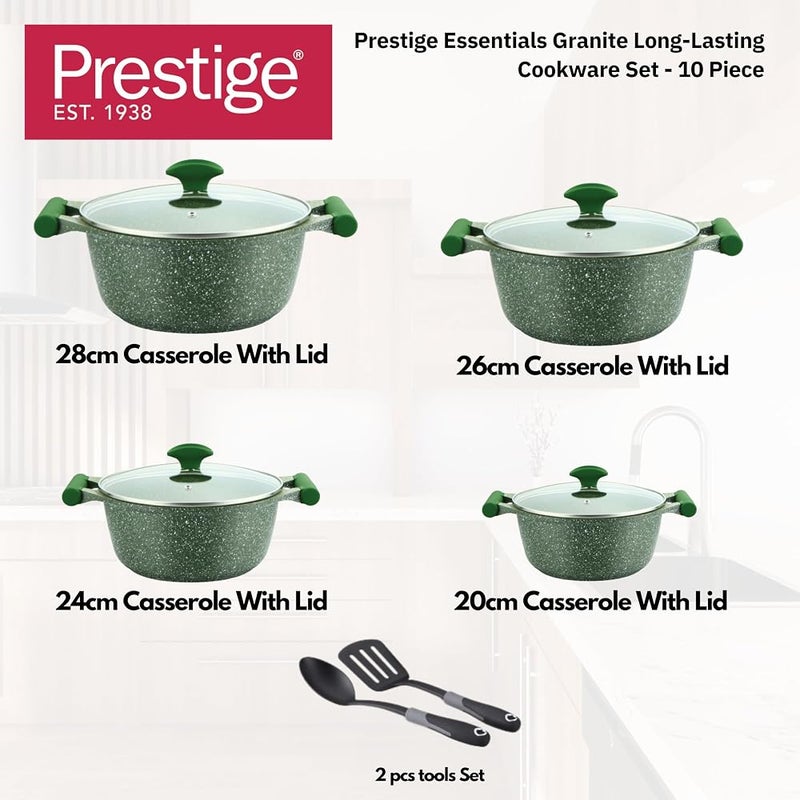 برستيج مجموعات أدوات مطبخ Prestige Essential (10 قطع) مجموعة أواني ومقلاة من الجرانيت مجموعة طهي غير لاصقة من الجرانيت مجموعات طهي بالموجات فوق الصوتية - اللون أخضر - Image 3