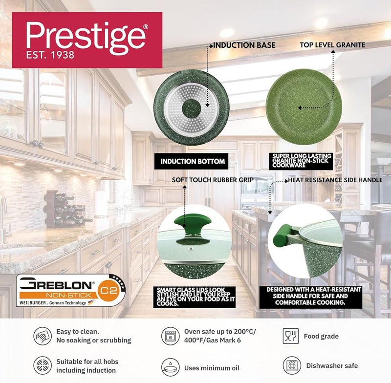 برستيج مجموعات أدوات مطبخ Prestige Essential (10 قطع) مجموعة أواني ومقلاة من الجرانيت مجموعة طهي غير لاصقة من الجرانيت مجموعات طهي بالموجات فوق الصوتية - اللون أخضر - Image 4
