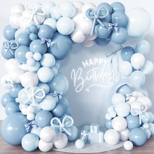 jenlion طقم قوس بالونات مزين بأقواس زرقاء من 110 قطعة مع شرائط ريبون 3D كوكيت DIY 1812105 بوصة بالونات لاتكس باللون الأزرق الفاتح والأبيض لحفلات استحمام الأطفال الأولاد واحتفالات عيد الميلاد الأول وحفلات الزفاف - Image 1