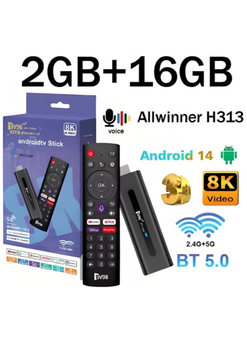 تلفزيون جهاز استقبال تلفزيوني ذكي TV98 ATV بنظام أندرويد 14، يدعم دقة 8K، وترددات 2.4 جيجاهرتز و5 جيجاهرتز، وواي فاي مزدوج، وبلوتوث 5.0، وتقنية HDR10، وجهاز تحكم عن بعد صوتي، ومشغل وسائط Globe H313، وذاكرة 2 جيجابايت + 16 جيجابايت. - Image 1