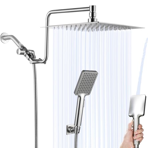 YDmeet 10" Rainfall Shower Head with Handheld Combo High Pressure, Upgrade 12" Extension Arm Height Adjustable, Powerful Stainless Steel Shower Head Brass Shower Holder Extra Long Shower Hose, Brushed Nickel - Image 1