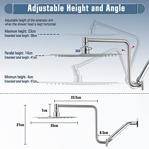 YDmeet 10" Rainfall Shower Head with Handheld Combo High Pressure, Upgrade 12" Extension Arm Height Adjustable, Powerful Stainless Steel Shower Head Brass Shower Holder Extra Long Shower Hose, Brushed Nickel - Image 4
