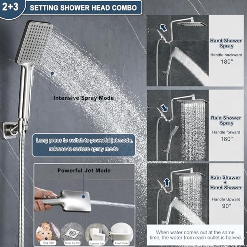 YDmeet 10" Rainfall Shower Head with Handheld Combo High Pressure, Upgrade 12" Extension Arm Height Adjustable, Powerful Stainless Steel Shower Head Brass Shower Holder Extra Long Shower Hose, Brushed Nickel - Image 2