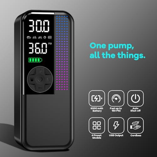 WEOLULI Tire Inflator Portable Air Compressor 150 PSI Cordless Air Pump Dual Power 6000mAh 12V DC Car Plug Fast Inflation 24LMin Auto ShutOff LED Light 4 Preset Modes for Car Bike Motorcycle Balls - Image 3