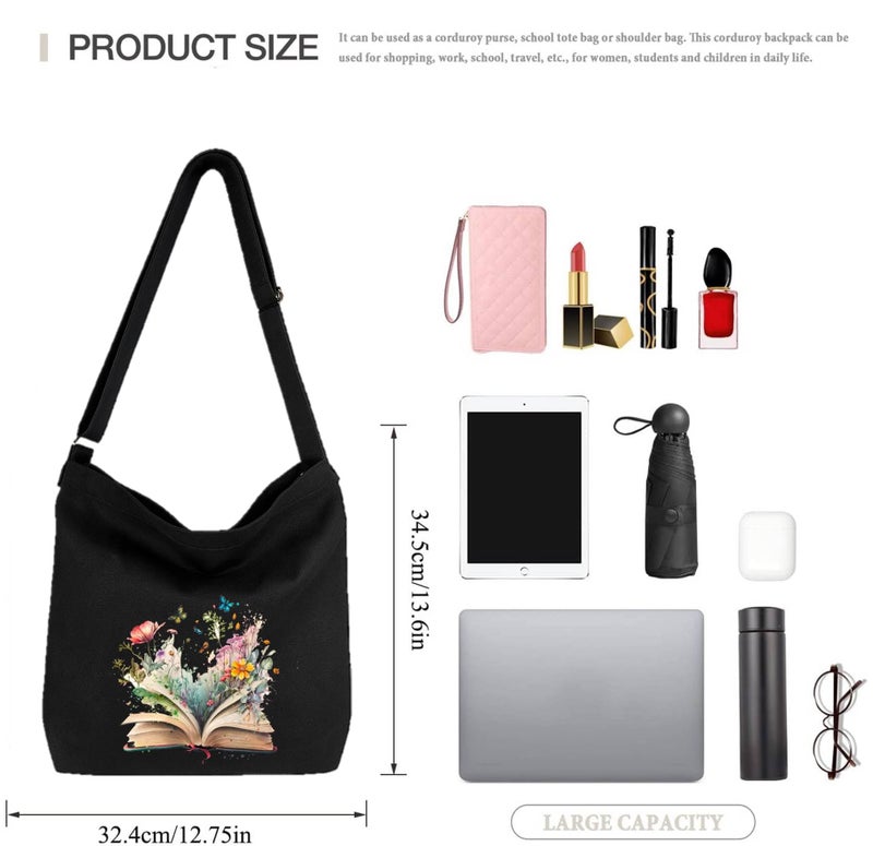 Lify Women's Retro Large Size Canvas Shoulder Bag Hobo Crossbody Handbag Casual Tote - 1 Piece (Black- Book & Flower) - Image 2