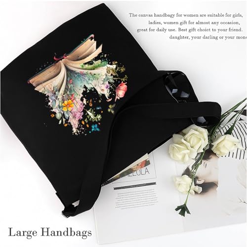 Lify Women's Retro Large Size Canvas Shoulder Bag Hobo Crossbody Handbag Casual Tote - 1 Piece (Black- Book & Flower) - Image 3